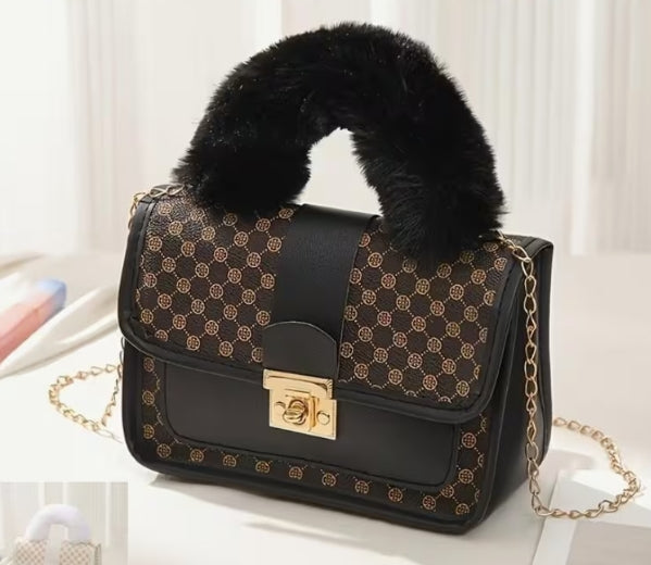 Black Clutch/Shoulder Bag with Faux Fur Handles