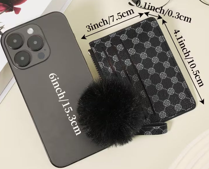 Retro Credit Card Holder Coin Pouch with Pom-Pom Duo