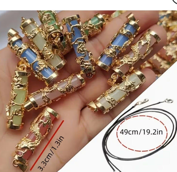 Luminous Dragon Pendant Necklace with Multicolor Resin Stone and Golden Alloy