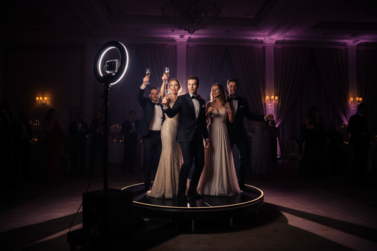 360 photo booth rental setup at an elegant event with LED ring lighting