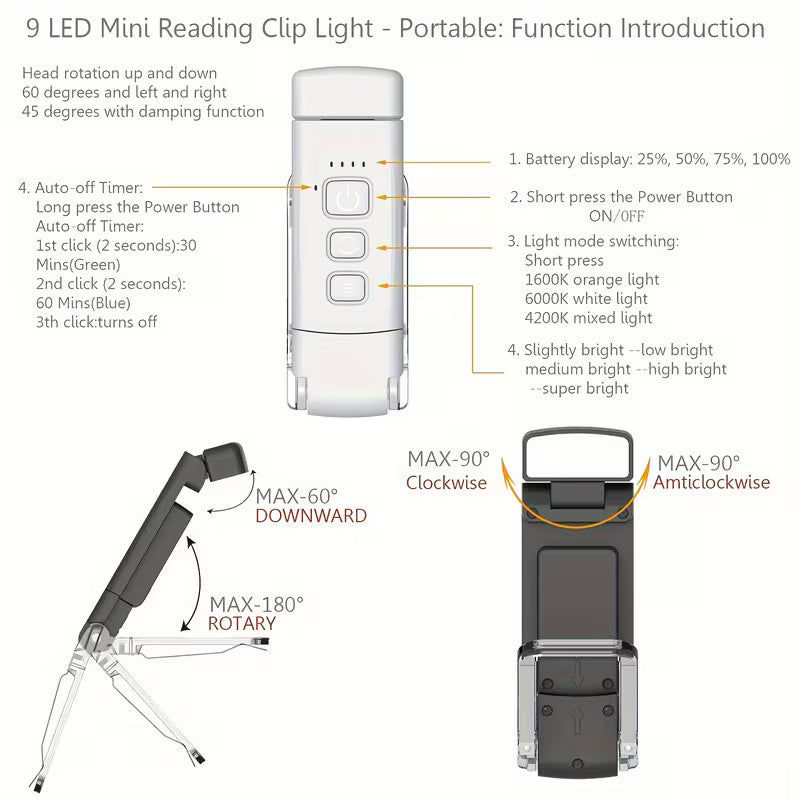 3 Button Portable USB LED Book Light