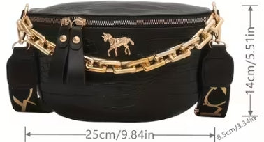 Crocodile Faix Leather Chest Bag with Gold Chain
