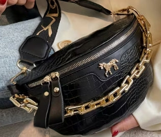 Crocodile Faix Leather Chest Bag with Gold Chain