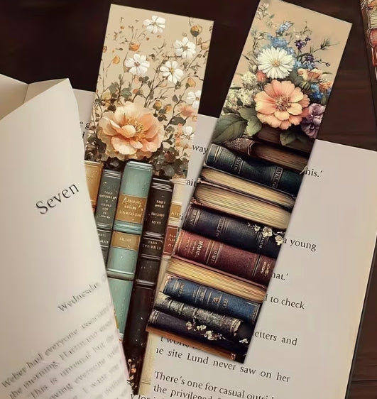 Vintage Stacked Books Floral Reading Bookmark