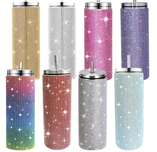 Bling Rhinestone Stainless Steel Tumbler with Lid and Metal Straw
