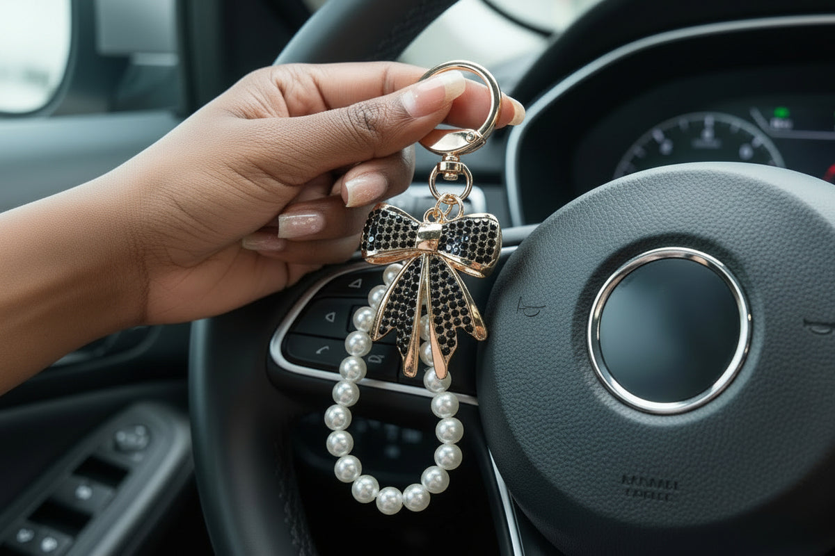 Enchanting faux pearl and rhinestone bow keychain.