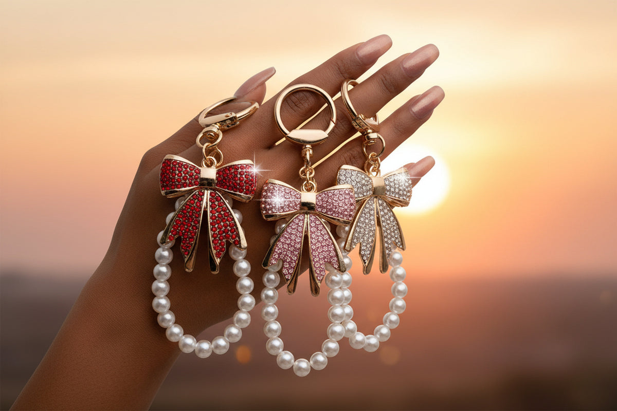 Enchanting faux pearl and rhinestone bow keychain.
