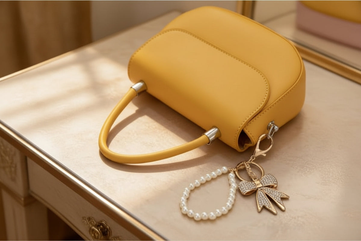 Enchanting faux pearl and rhinestone bow keychain.