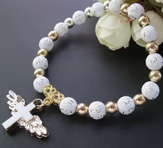 Cross Angel Wing] Beaded Cross Pendant Elastic Bracelet,