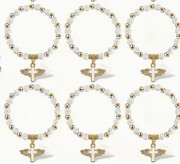 Cross Angel Wing] Beaded Cross Pendant Elastic Bracelet,