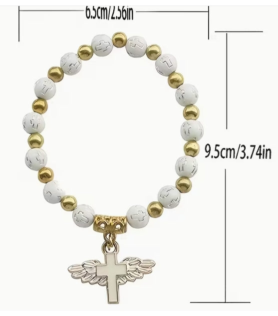 Cross Angel Wing] Beaded Cross Pendant Elastic Bracelet,