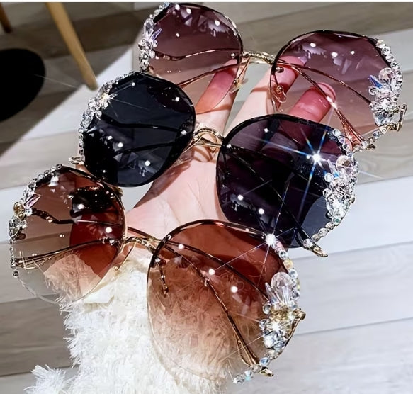 Shiny Heart Gemstone and Diamond Inlay Changeable Frameless Glasses