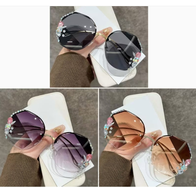 Shiny Heart Gemstone and Diamond Inlay Changeable Frameless Glasses