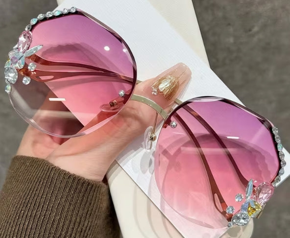 Shiny Heart Gemstone and Diamond Inlay Changeable Frameless Glasses
