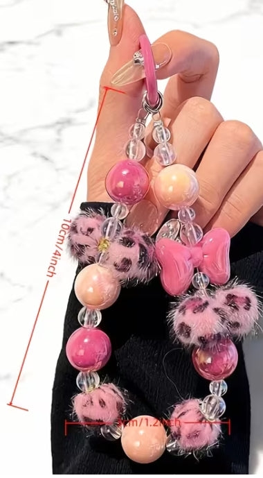 Leopard Print Fur Ball and Bow Beaded Lanyard