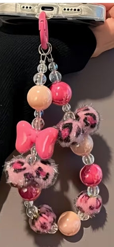 Leopard Print Fur Ball and Bow Beaded Lanyard