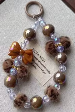 Leopard Print Fur Ball and Bow Beaded Lanyard