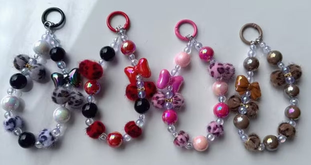 Leopard Print Fur Ball and Bow Beaded Lanyard