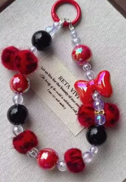 Leopard Print Fur Ball and Bow Beaded Lanyard