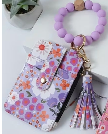 Floral 2pc Card Holder and Beaded Keychain with Tassel Set