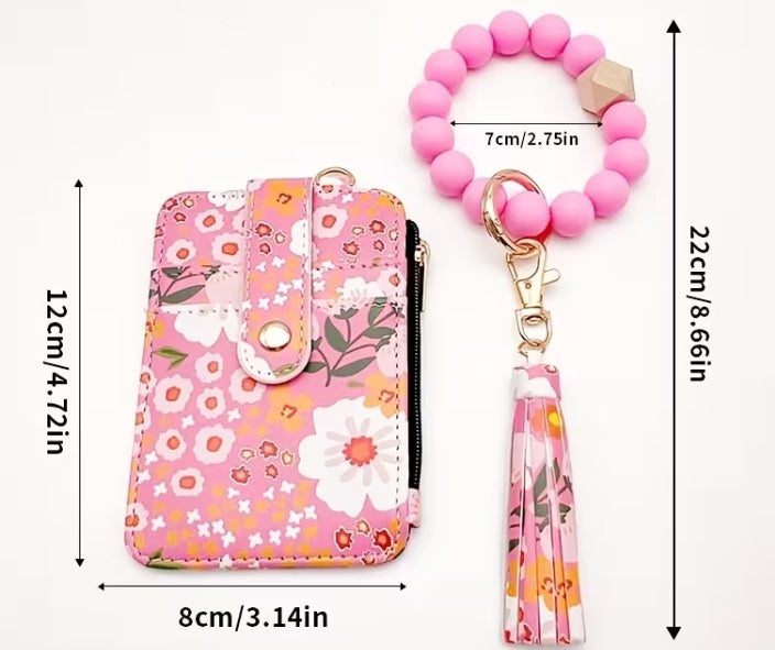 Floral 2pc Card Holder and Beaded Keychain with Tassel Set