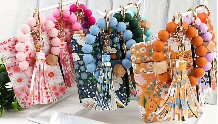 Floral 2pc Card Holder and Beaded Keychain with Tassel Set