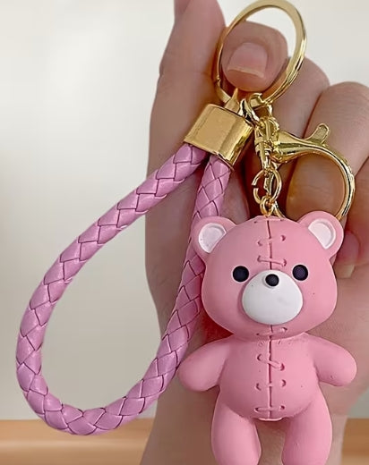 Cartoon Bear -Plush Leather Key Ring Bag Charm with Strap
