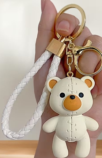Cartoon Bear -Plush Leather Key Ring Bag Charm with Strap
