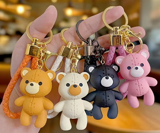 Cartoon Bear -Plush Leather Key Ring Bag Charm with Strap