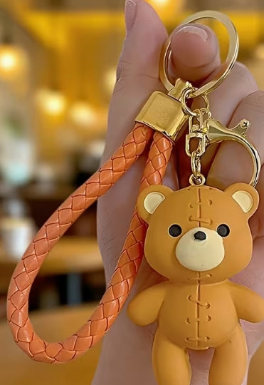 Cartoon Bear -Plush Leather Key Ring Bag Charm with Strap