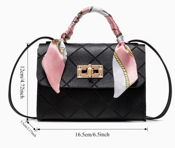 Stitched Retro Rhombus Pattern Metal Buckle Shoulder Bag with Scarf