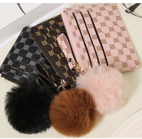 Retro Credit Card Holder Coin Pouch with Pom-Pom Duo