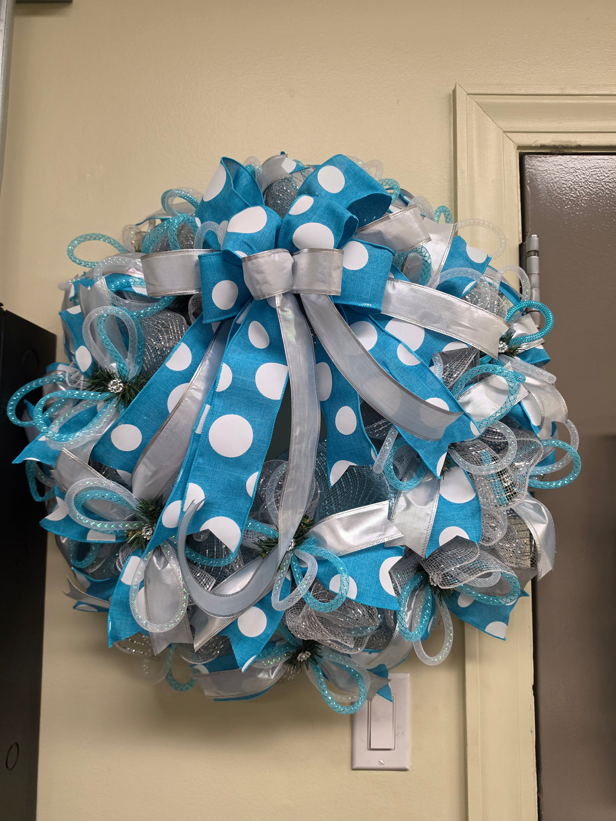 Polka Dot Teal/Turquoise, Silver and White Wreath