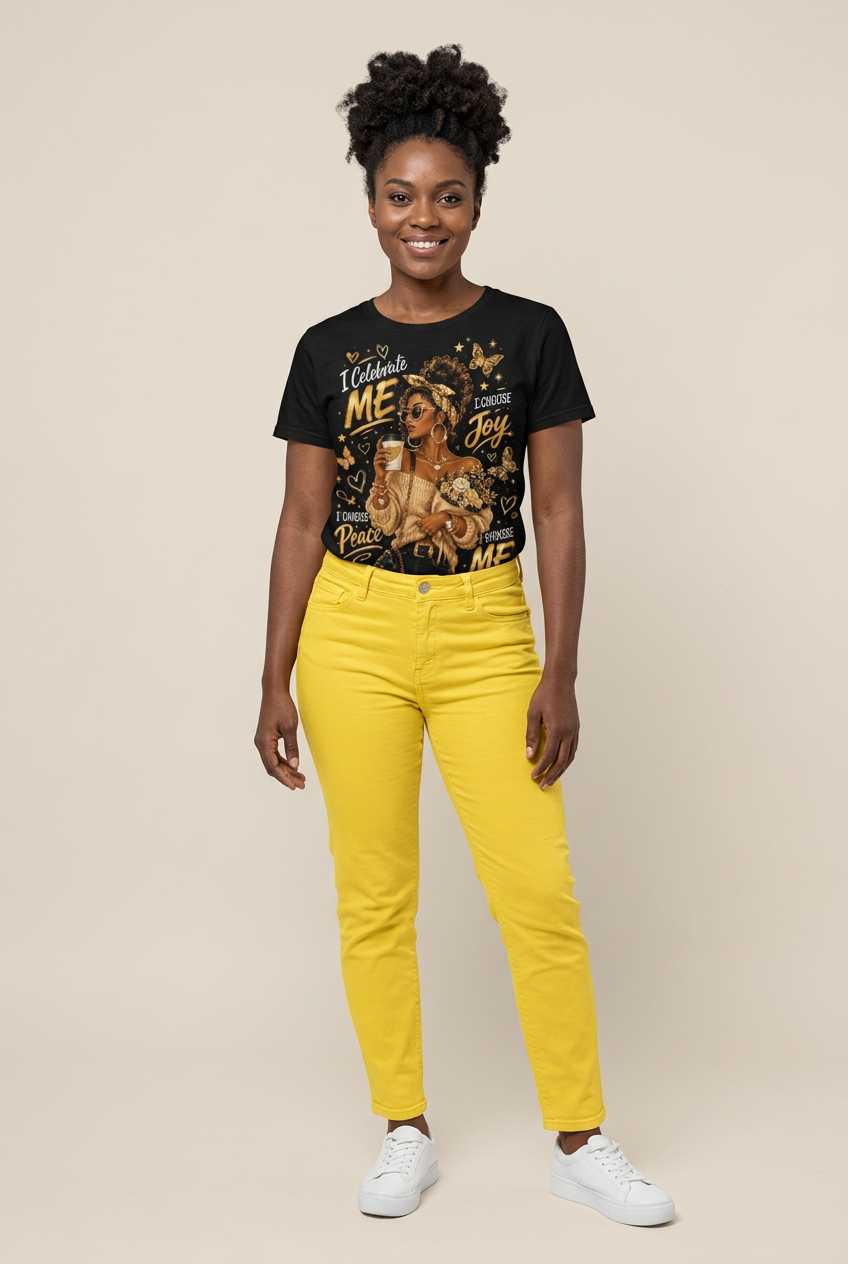 Black woman wearing yellow jeans and the reference graphic T-shirt