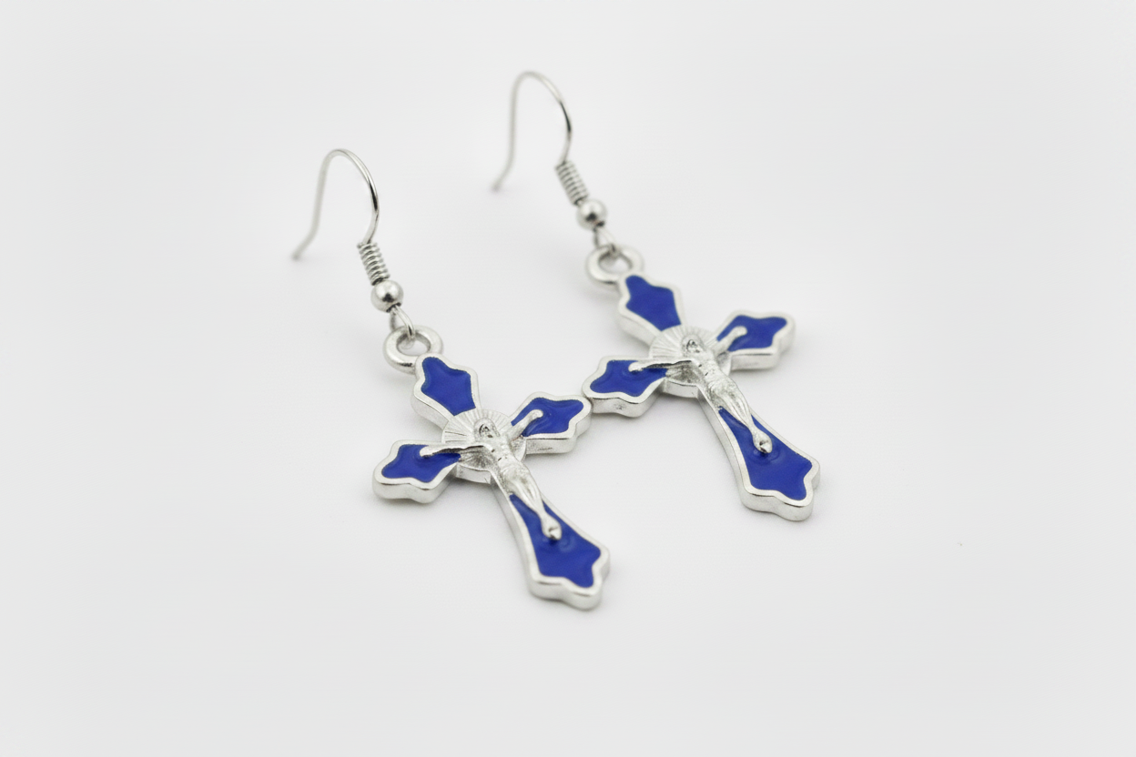 Blue Crucifix Hanging Earrings