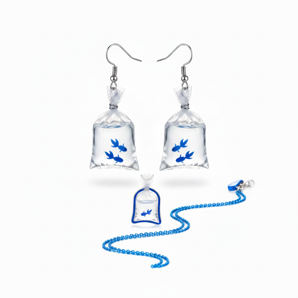 Blue Fish Bag Jewelry Set with Blue Necklace