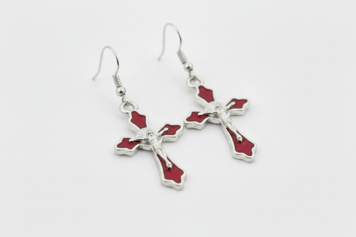 Bright Red Crucifix Hanging Earrings