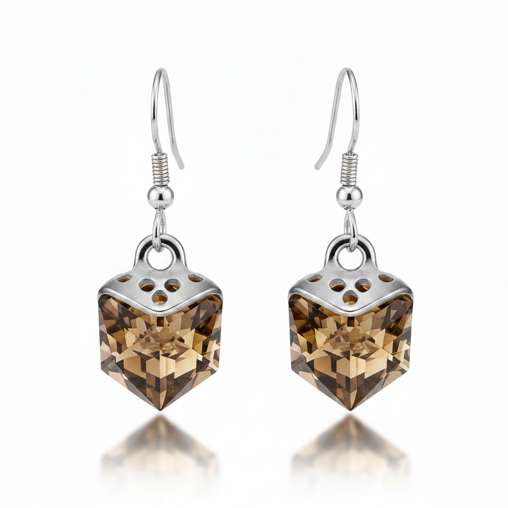 Brown Crystal Cube Hanging Earrings