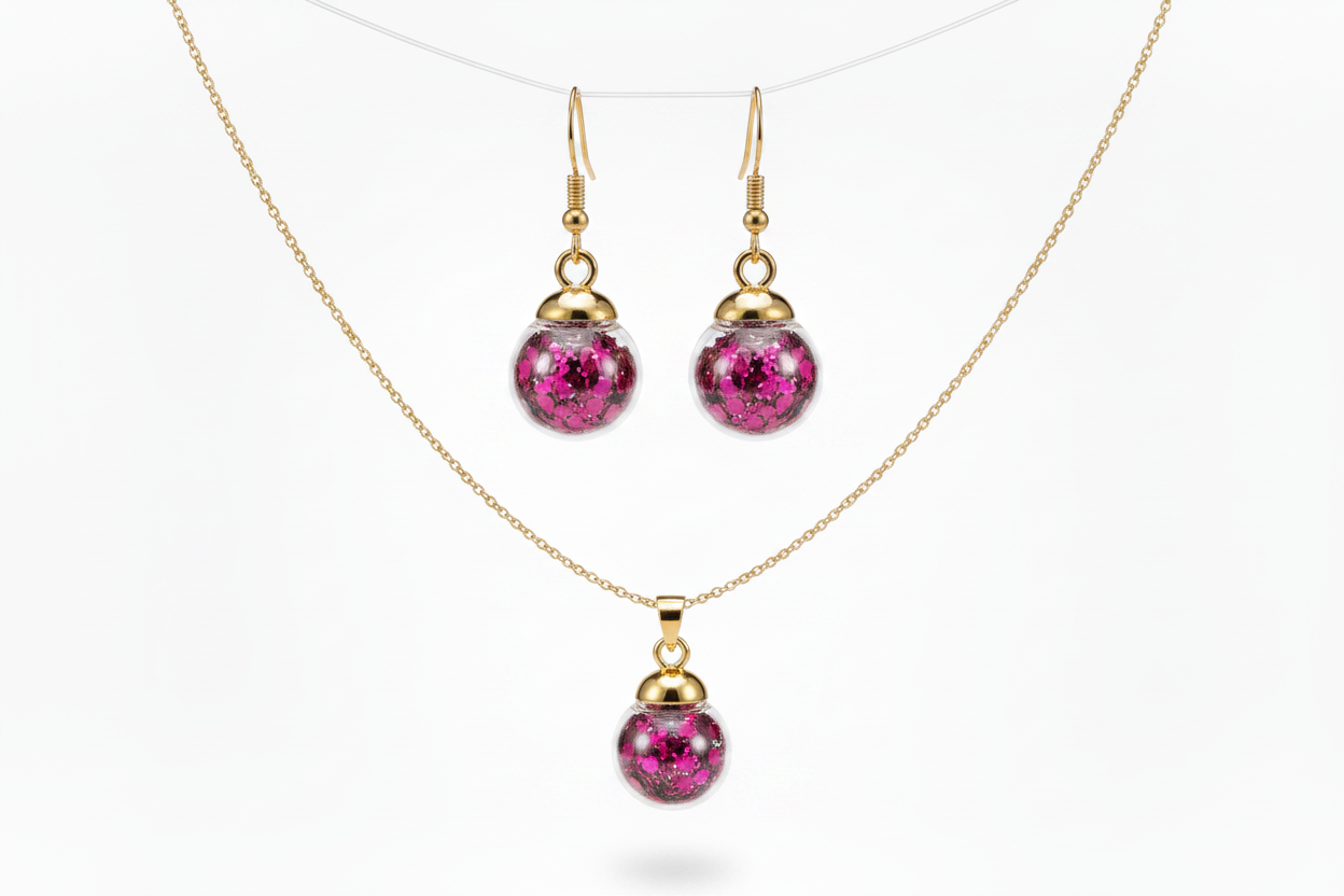 Dark Pink Glass Globe Earrings and Necklace Set