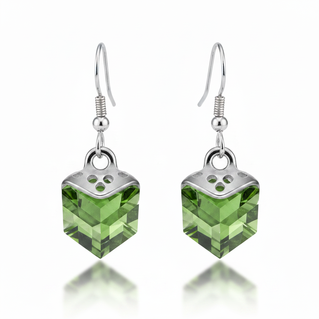 Green Crystal Cube Hanging Earrings
