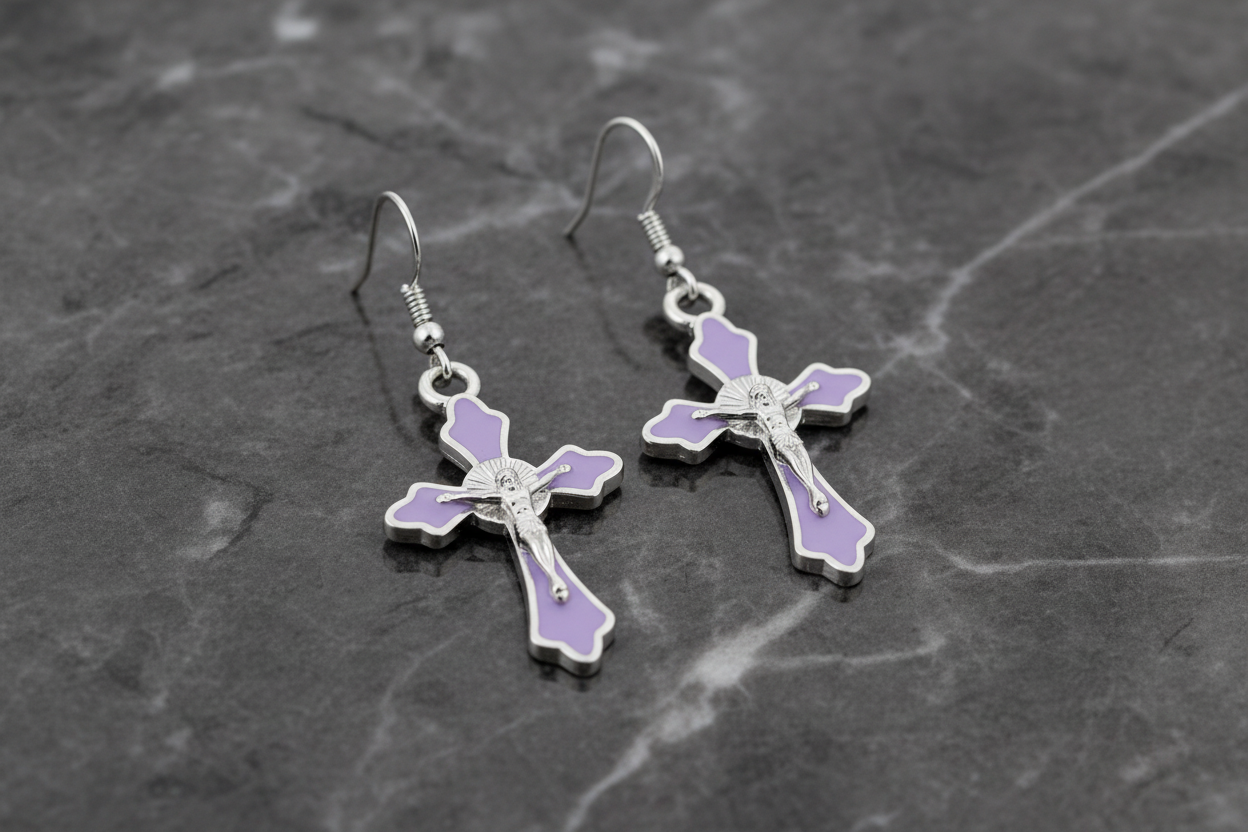 Light Lavender Crucifix Hanging Earrings