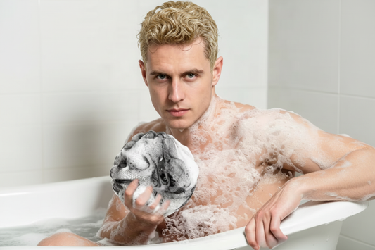 Man with blonde hair in bathtub