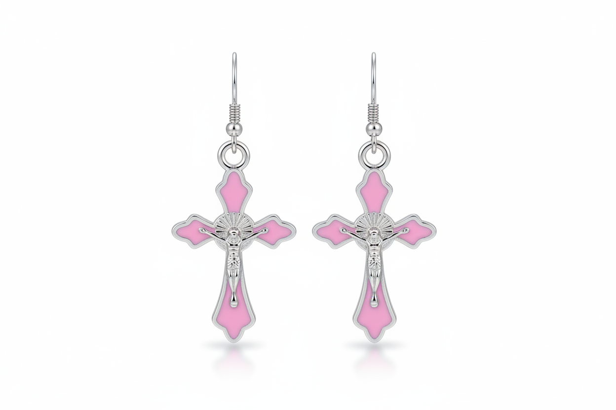 Pink Crucifix Hanging Earrings