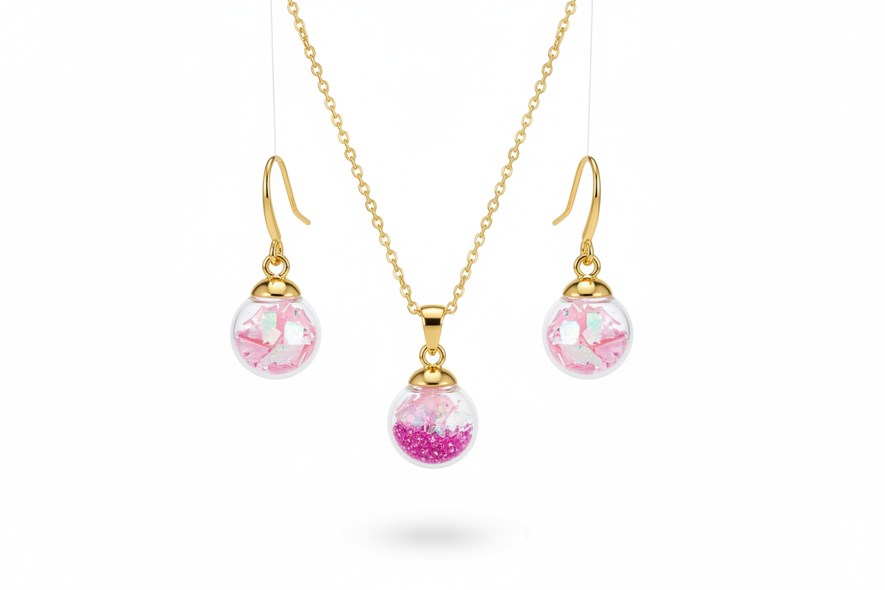 Pink Glass Globe Earrings and Necklace Set