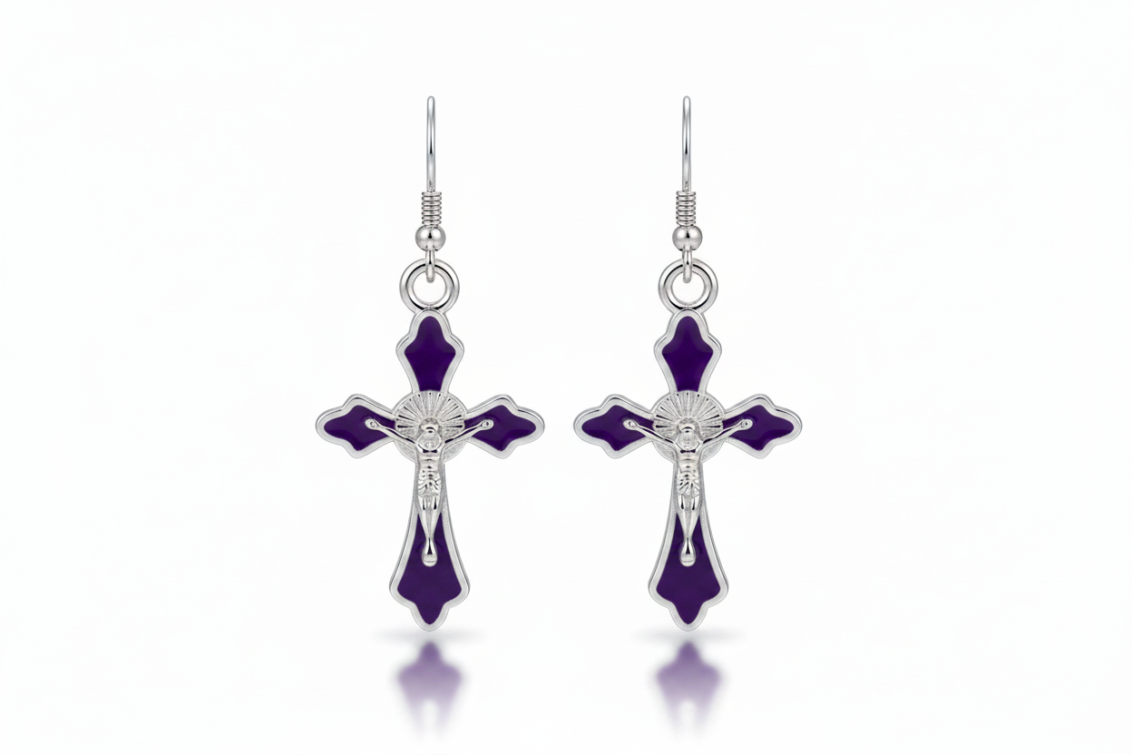Purple Crucifix Hanging Earrings