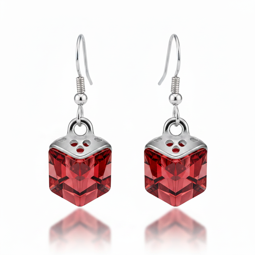 Red Crystal Cube Hanging Earrings