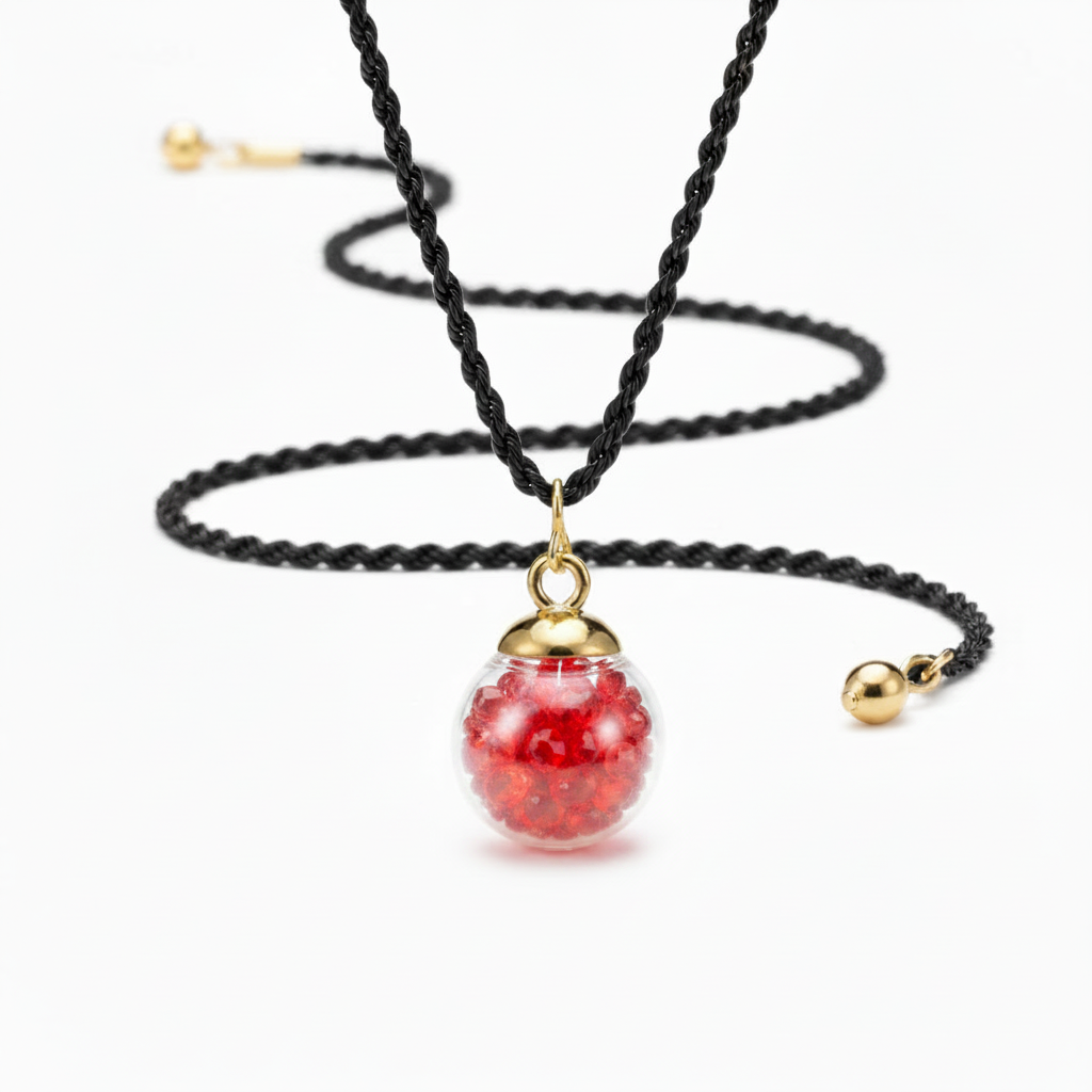Red Crystal Globe Pendant on Black Rope Necklace