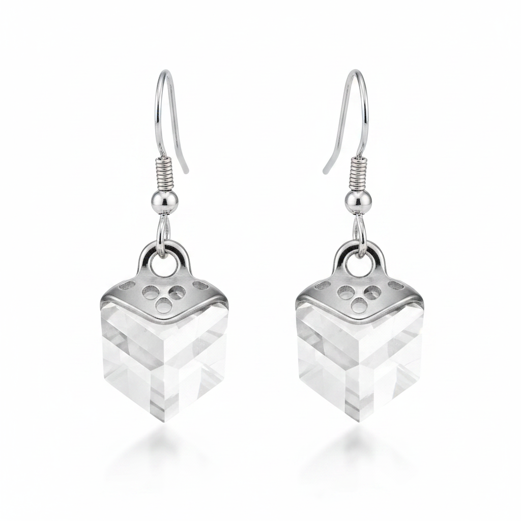 Silver Crystal Cube Hanging Earrings