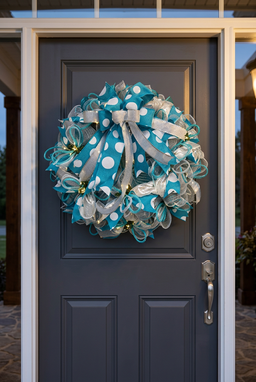 Teal and silver wreath on a charcoal door with glowing warm white lights