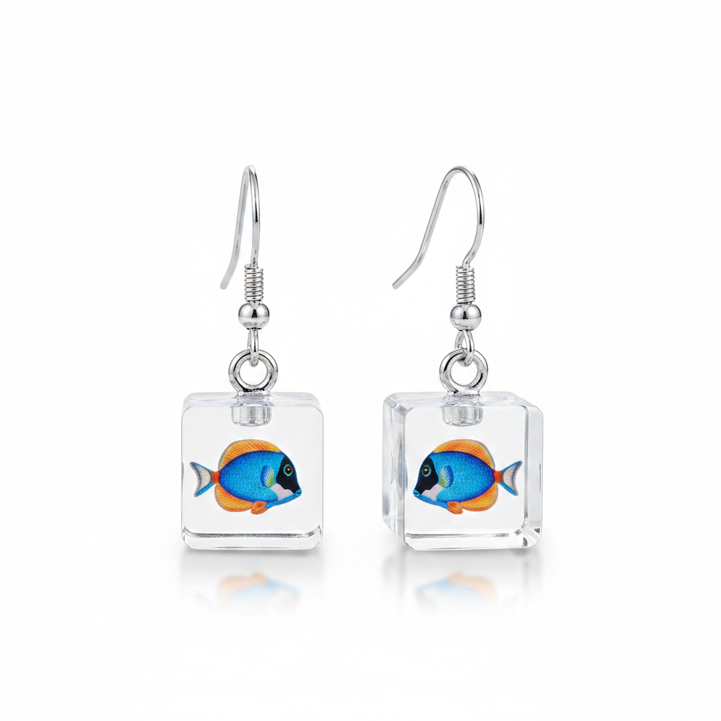 Tropical Fish Crystal Cube Hanging Earrings